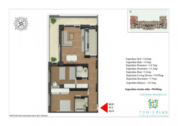 vanzare apartament decomandat, zona Tomis Plus, orasul Constanta, suprafata utila 95.5 mp